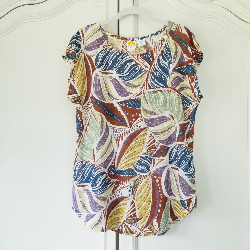C&C California Tropical Leaf Knit Linen Cap Sleeve Relaxed Fit Tunic Top Medium